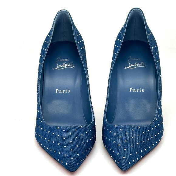 Christian Louboutin KATE PLUM STRASS 85 Crystal Denim Heels Pumps Shoes - Picture 7 of 15